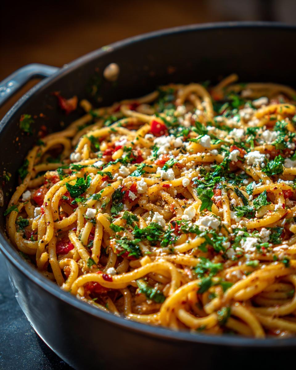 Close-up of Mediterranean One Pot Pasta in a black pan, garnished with fresh herbs and feta cheese.