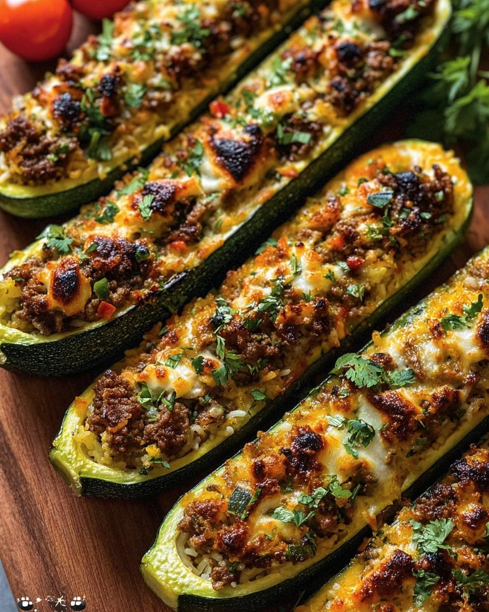 Close-up of Mediterranean Stuffed Zucchini boats filled with meat, rice, and herbs, baked to perfection.