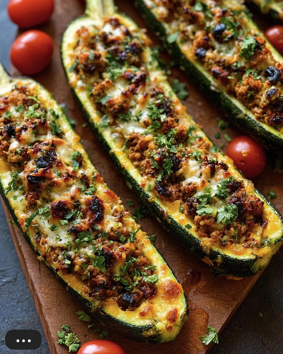 Three Mediterranean Stuffed Zucchini halves on a wooden board, garnished with fresh herbs and served with cherry tomatoes.