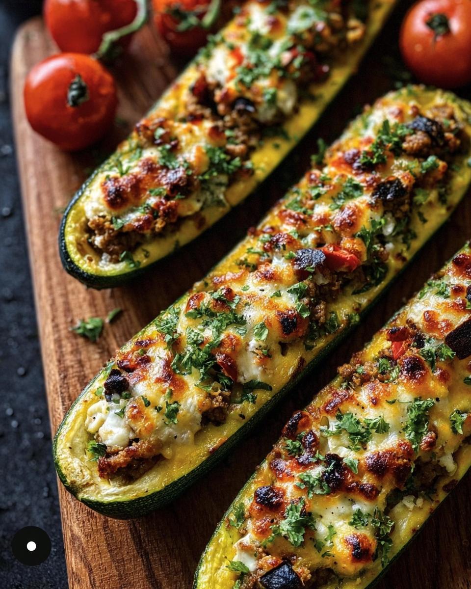 Three Mediterranean Stuffed Zucchini boats with melted cheese and herbs on a wooden board, garnished with tomatoes.