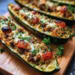 Close-up of Mediterranean Stuffed Zucchini halves filled with rice, meat, and topped with tomatoes and herbs.