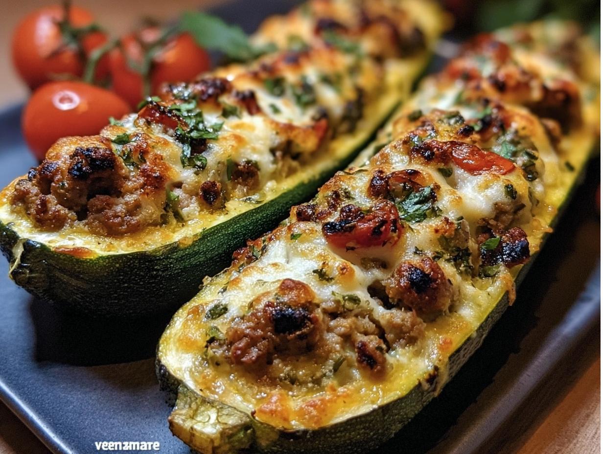 Two halves of Mediterranean Stuffed Zucchini topped with cheese, herbs, and tomatoes on a dark plate.
