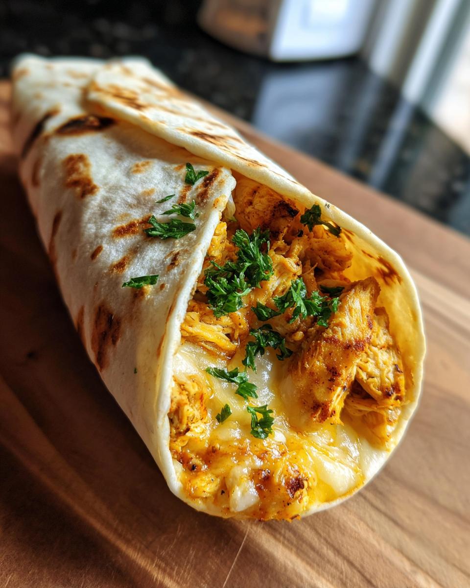 A close-up of a Melty Garlic Chicken Wrap filled with chicken, melted cheese, and parsley.