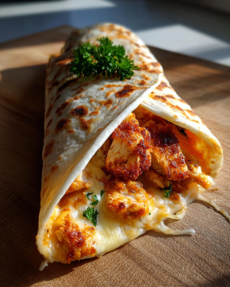 Close-up of a melty garlic chicken wrap with cheese and parsley on a wooden board.