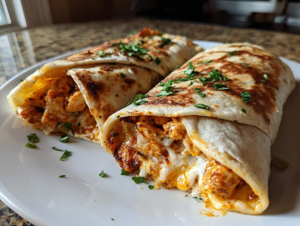 Two melty garlic chicken wraps on a white plate, garnished with fresh parsley.
