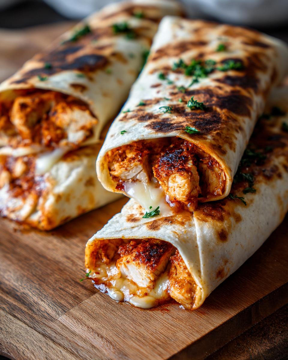 Three melty garlic chicken wraps stacked on a wooden board, with cheese and herbs.