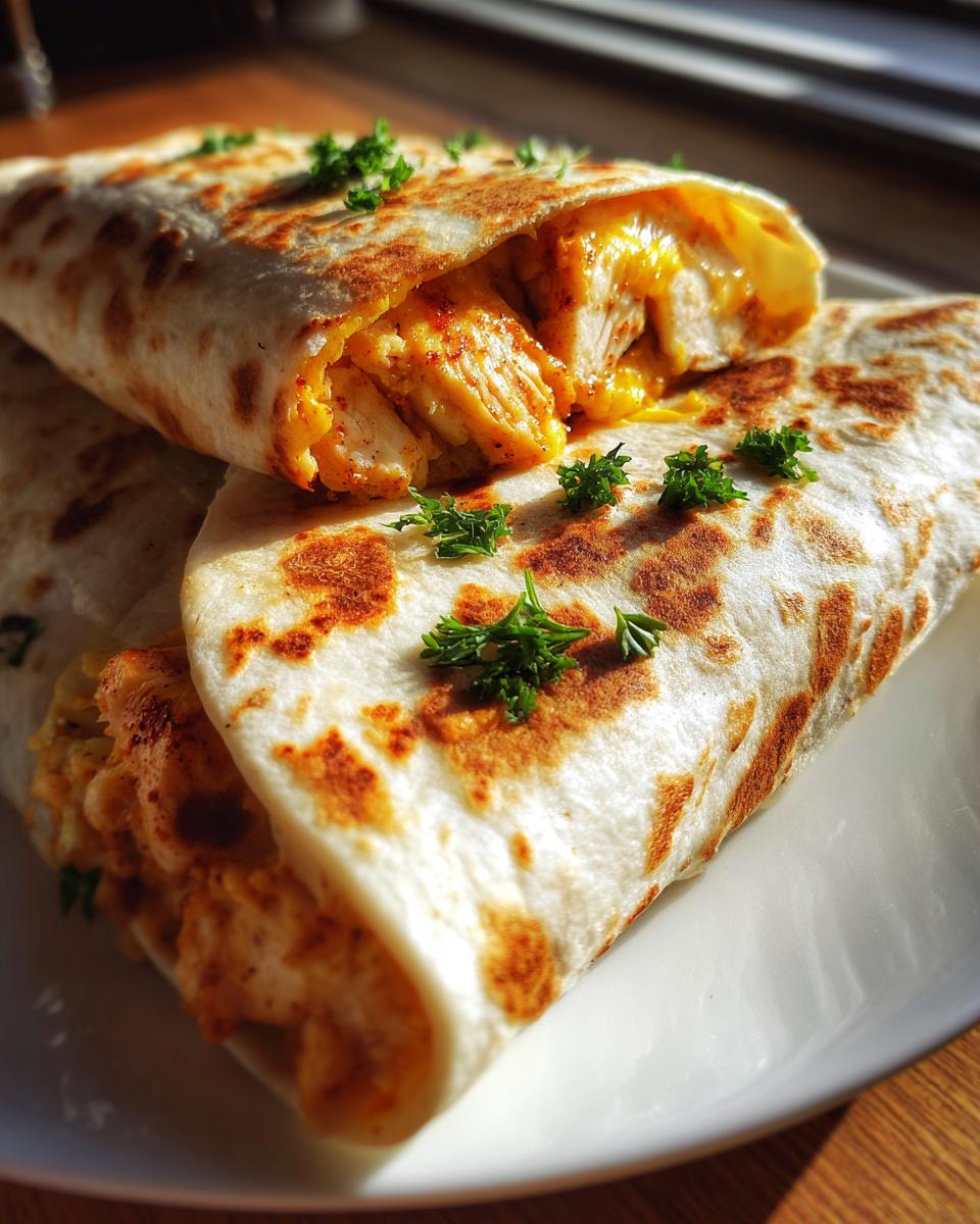 Two melty garlic chicken wraps stacked on a plate, garnished with fresh parsley.
