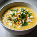 A bowl of creamy Mexican Street Corn Soup topped with corn, cotija cheese, and fresh cilantro.