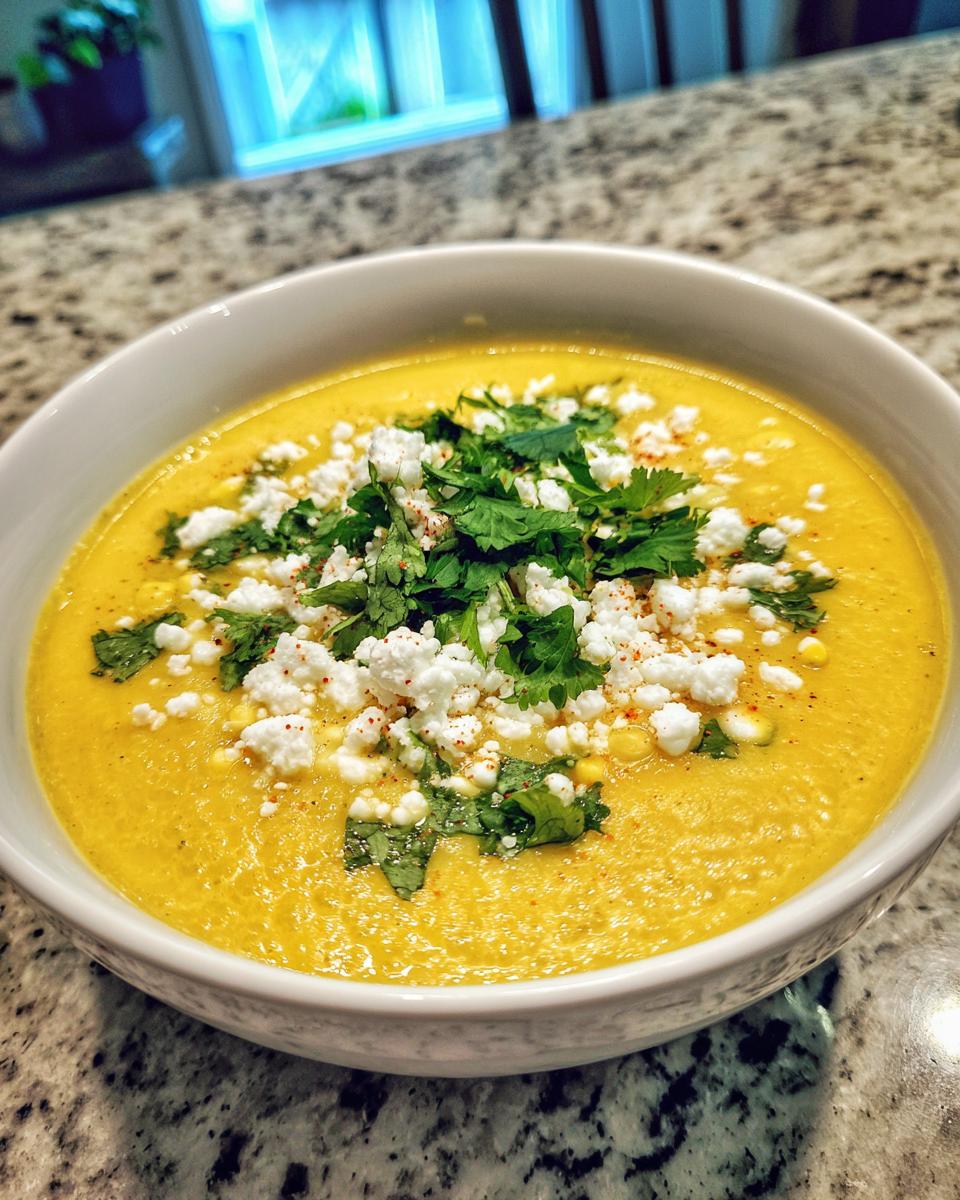 A bowl of creamy Mexican Street Corn Soup topped with crumbled cheese, cilantro, and chili powder.
