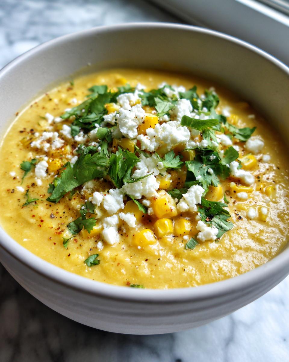 A bowl of creamy Mexican Street Corn Soup topped with crumbled cheese and fresh cilantro.