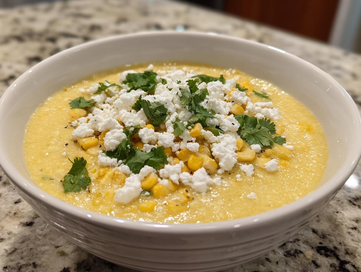A bowl of creamy Mexican Street Corn Soup topped with crumbled cheese and fresh cilantro.