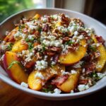 A bowl of Millionaire Peach Salad with fresh peaches, bacon, pecans, goat cheese, and herbs.