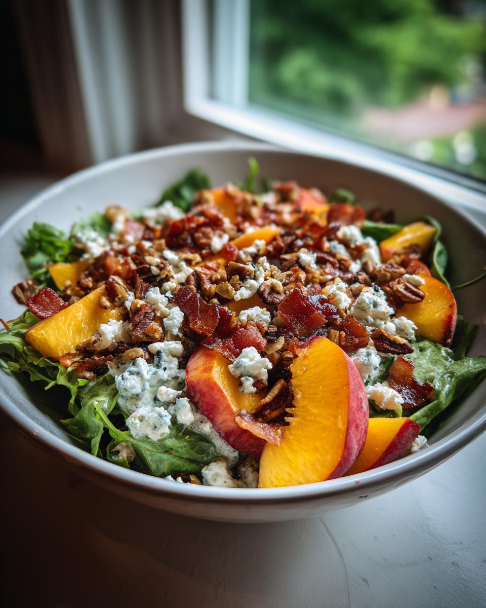 A fresh Millionaire Peach Salad with peach slices, bacon, blue cheese, and pecans in a white bowl.