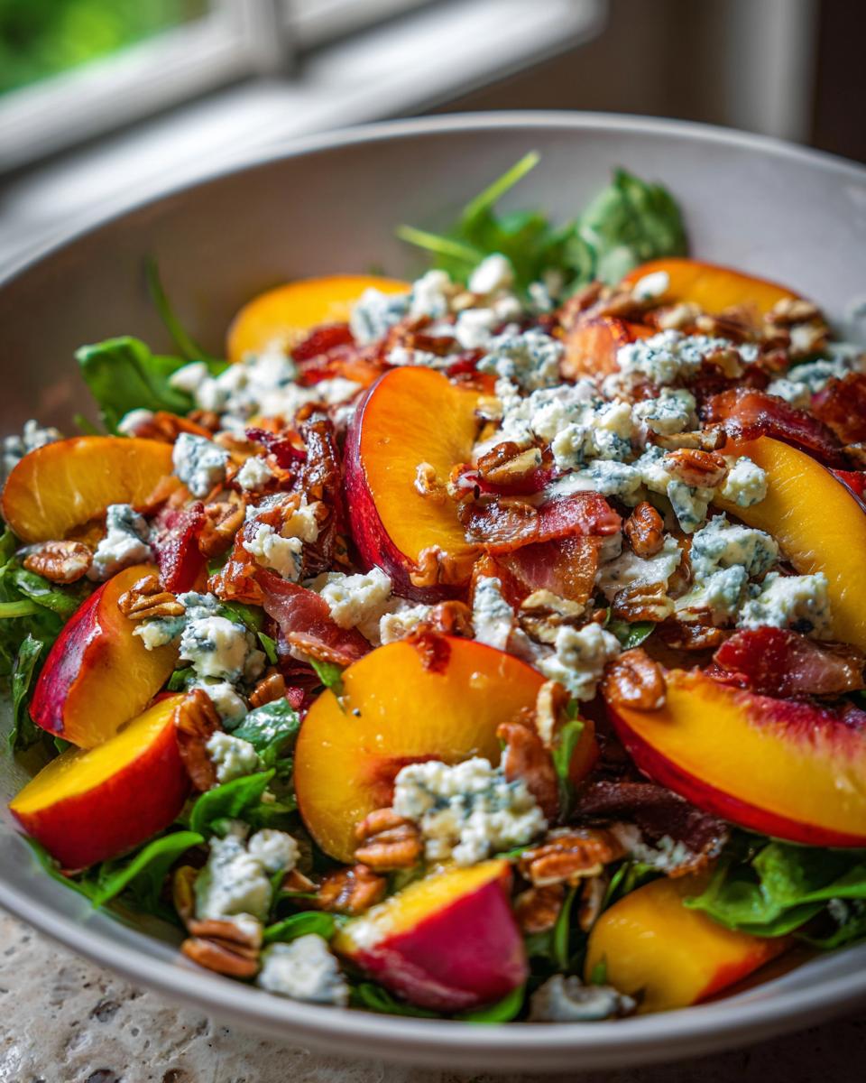A vibrant Millionaire Peach Salad featuring fresh peaches, blue cheese, bacon, and pecans on a bed of greens.