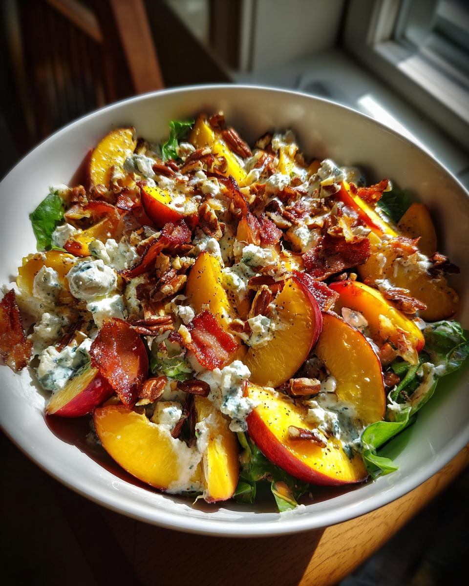 A bowl of Millionaire Peach Salad with fresh peaches, bacon, pecans, lettuce and a creamy dressing.