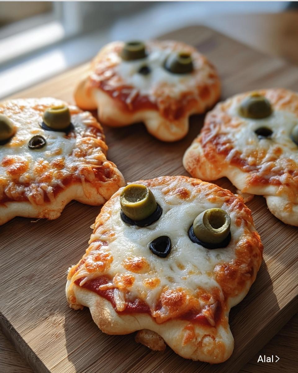 Four Adorable Mini Ghost Pizzas Halloween with olive eyes on a wooden board, ready to be served.