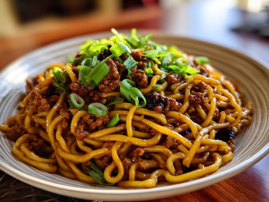 A plate of delicious Mongolian Ground Beef Noodles, topped with fresh chopped green onions.