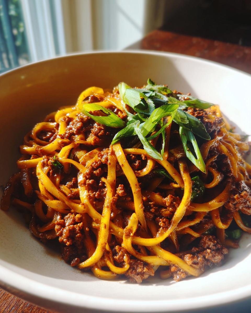 Bowl of Mongolian Ground Beef Noodles, garnished with fresh green onions.