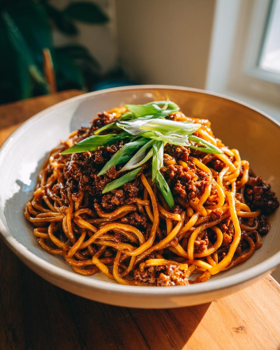 A bowl of delicious Mongolian Ground Beef Noodles, garnished with fresh green onions.