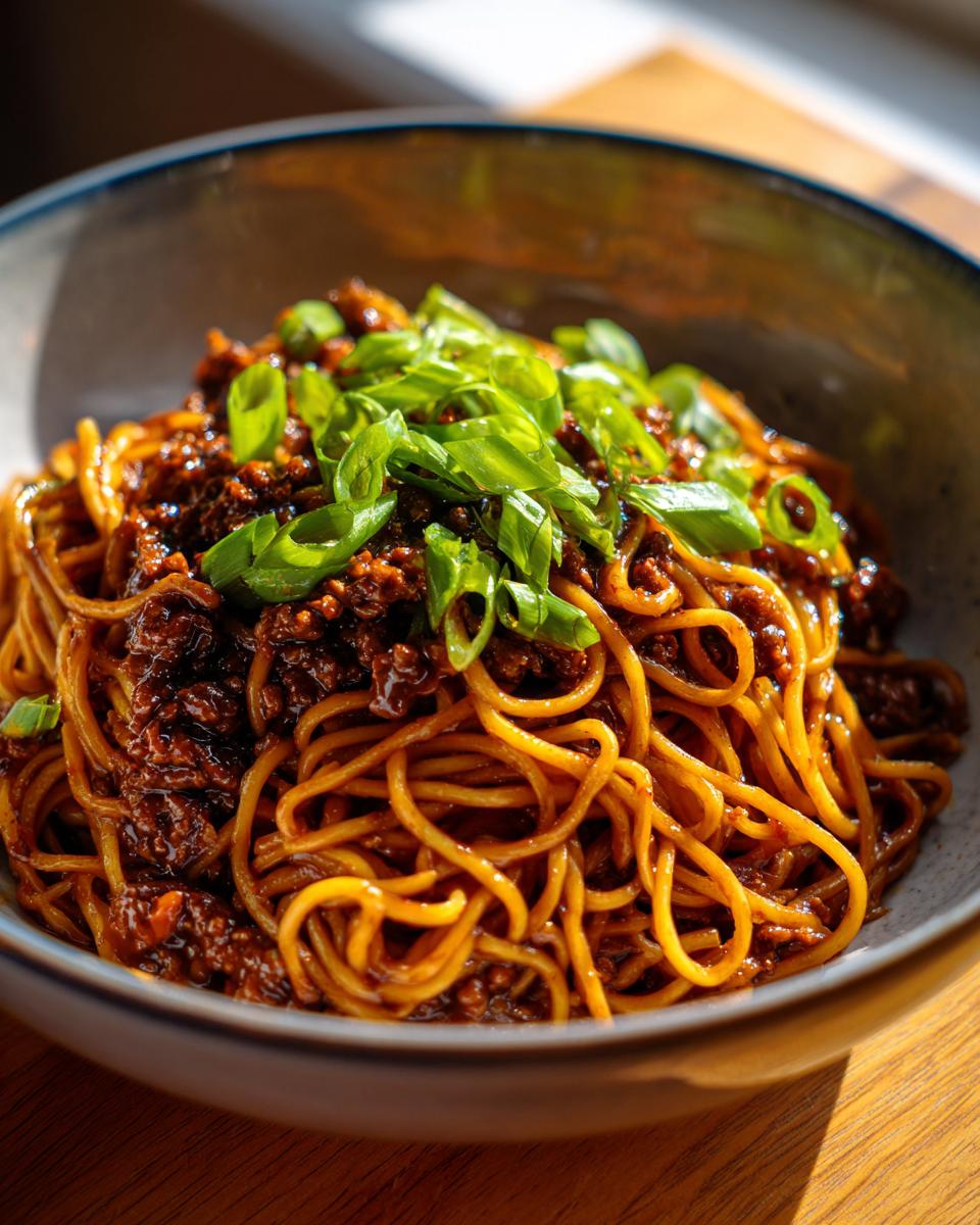 A bowl of delicious Mongolian Ground Beef Noodles topped with fresh green onions.