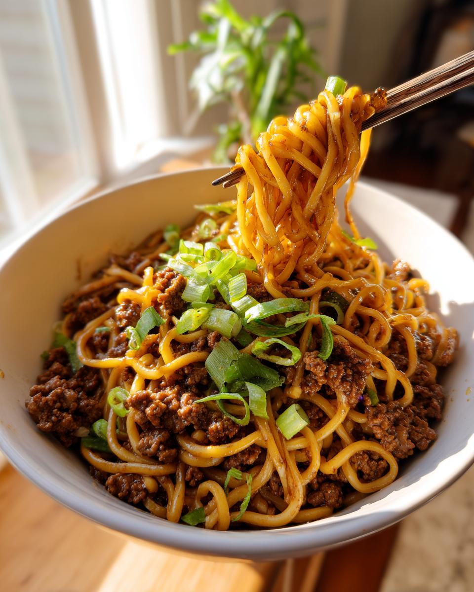 A bowl of Mongolian Ground Beef Noodles topped with green onions, with chopsticks lifting a portion.