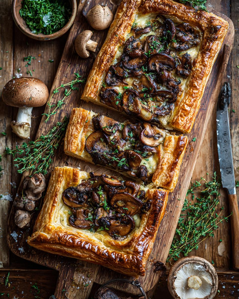 Three slices of Mushroom & Gruyère Puff Pastry tart on a wooden board, garnished with thyme.