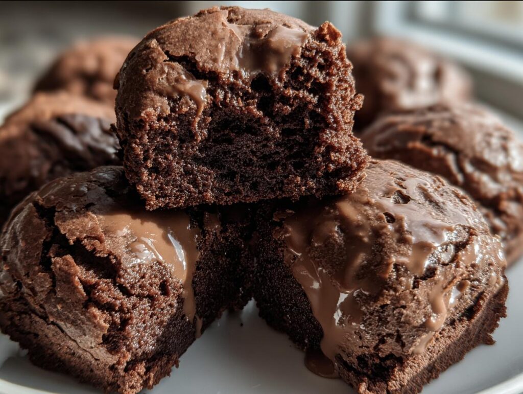 A stack of fudgy No-Bake Cottage Brownie squares, one broken open to show the texture.