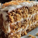 A close-up of a slice of No Sugar Carrot Cake with white frosting and carrot shavings on a plate.