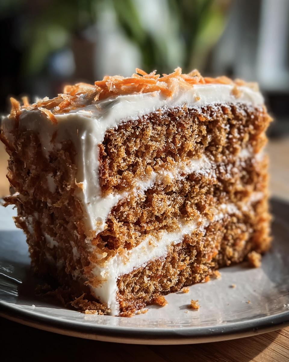 A delicious slice of No Sugar Carrot Cake with white frosting and carrot shavings on a plate.