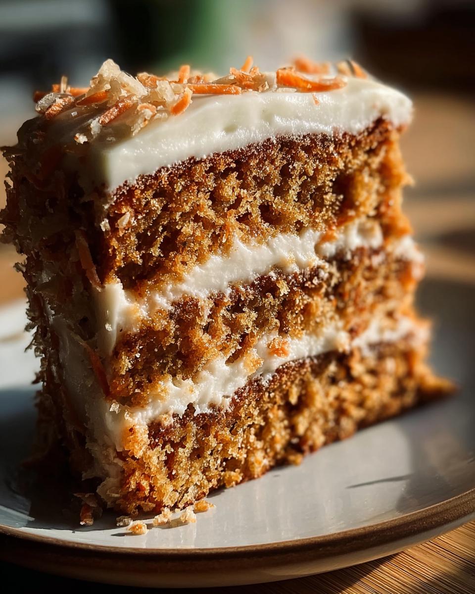 A delicious slice of No Sugar Carrot Cake with creamy frosting and carrot shavings.