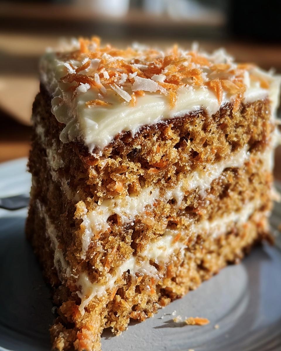 A delicious slice of No Sugar Carrot Cake with cream cheese frosting and carrot shavings on a plate.