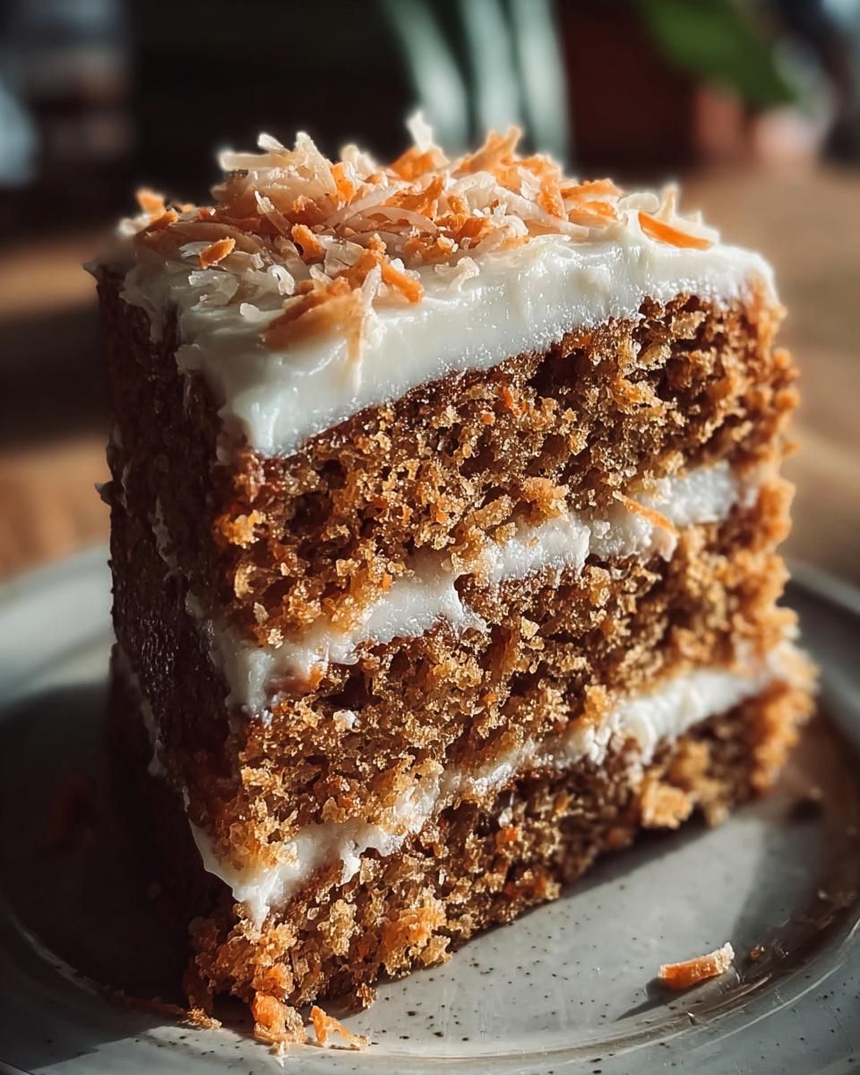 A delicious slice of No Sugar Carrot Cake with white frosting and coconut flakes on a plate.