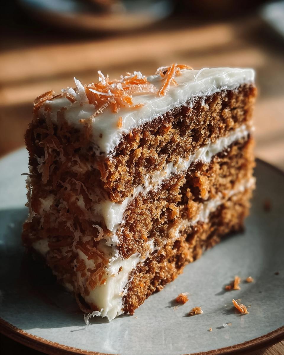 A delicious slice of No Sugar Carrot Cake with cream cheese frosting and carrot shavings.