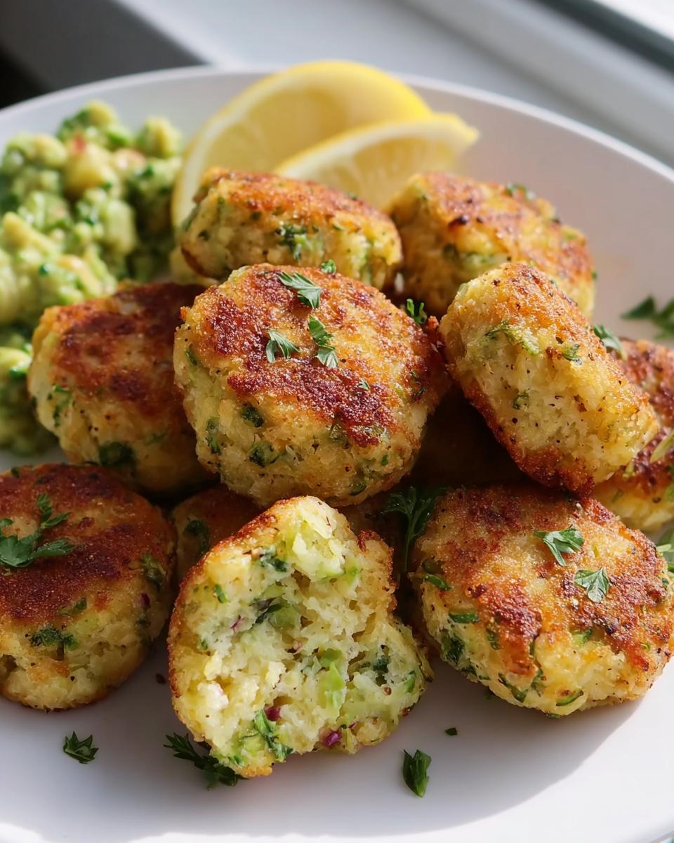 A plate of golden-brown Nutritious Chicken Broccoli Nuggets, garnished with parsley and served with lemon wedges and a side of avocado.