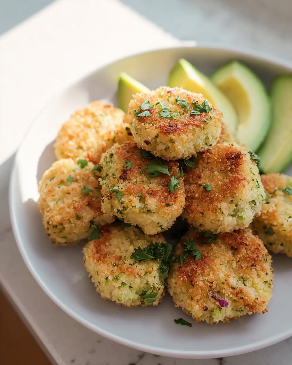 A plate of golden brown Nutritious Chicken Broccoli Nuggets, garnished with parsley and served with avocado slices.