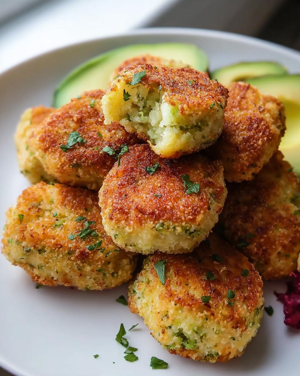 A stack of golden brown Nutritious Chicken Broccoli Nuggets on a white plate, garnished with parsley and avocado.