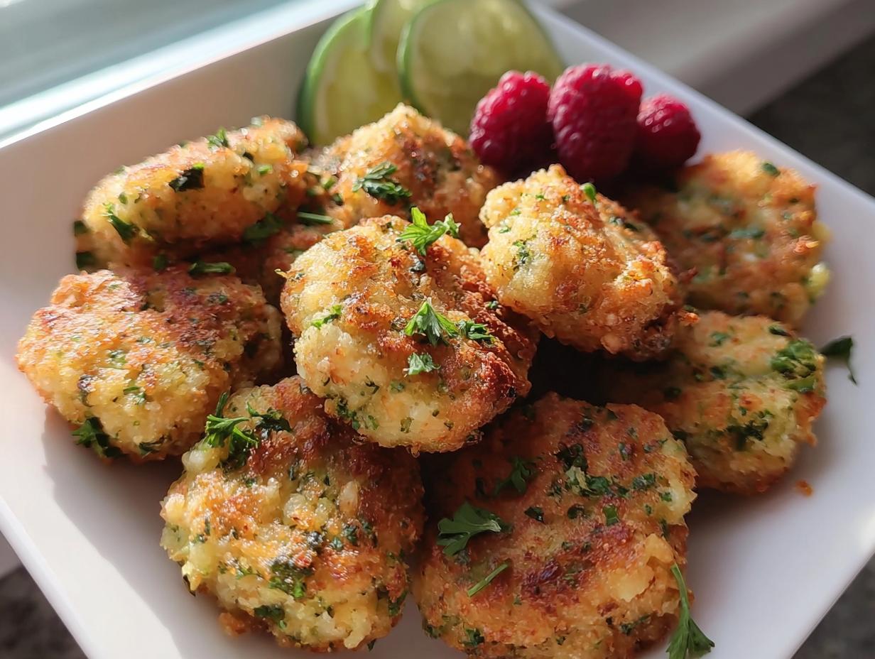A plate of golden-brown Nutritious Chicken Broccoli Nuggets garnished with parsley, raspberries and cucumbers.