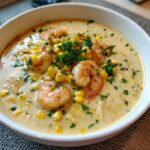 A bowl of creamy Orleans Shrimp and Corn Bisque, garnished with fresh parsley.