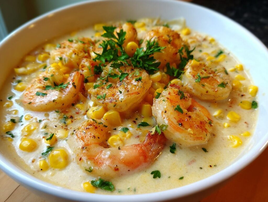 A bowl of creamy Orleans Shrimp and Corn Bisque, garnished with parsley. Plump shrimp and sweet corn in a rich broth.
