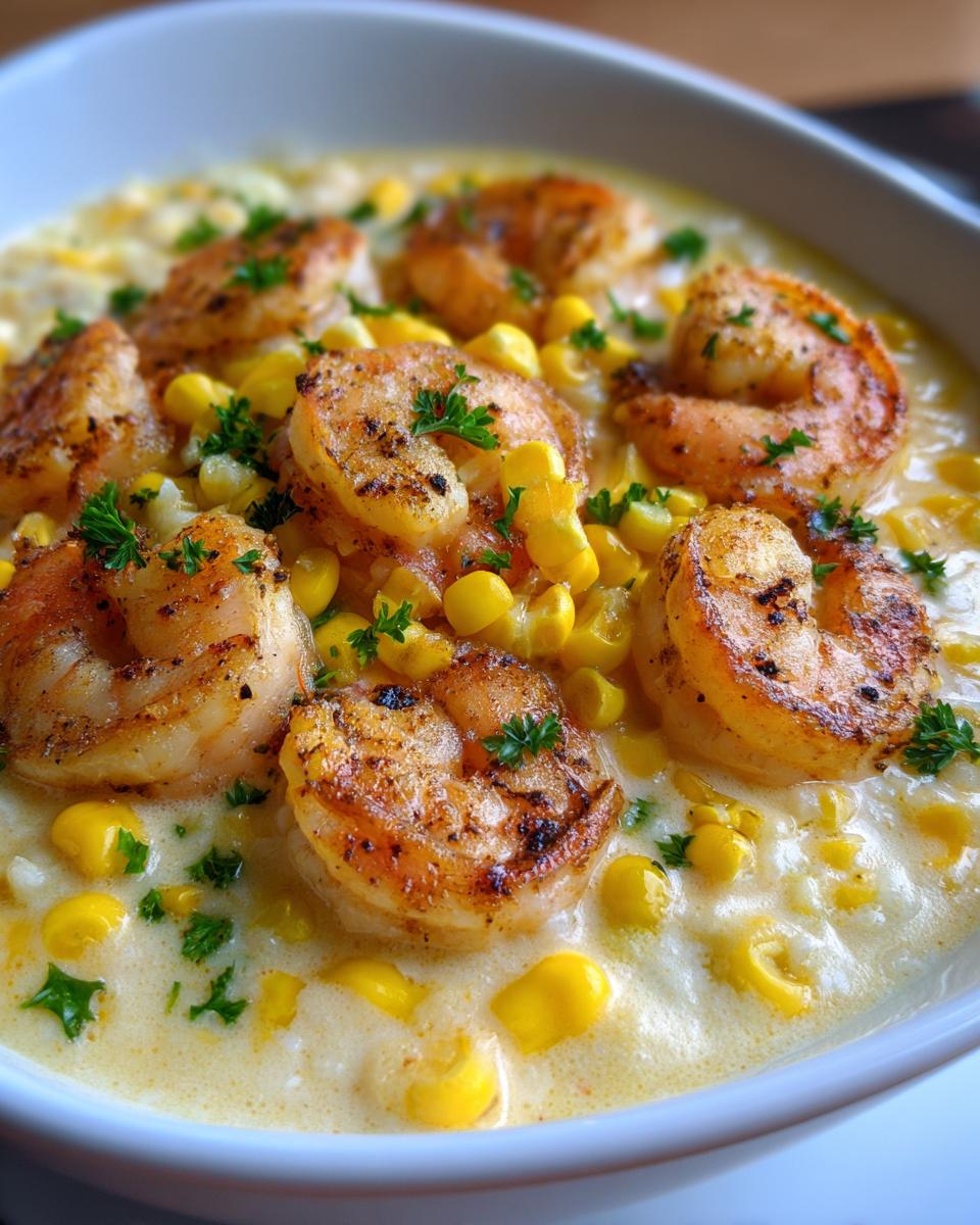 A bowl of creamy Orleans Shrimp and Corn Bisque, topped with grilled shrimp and fresh parsley.