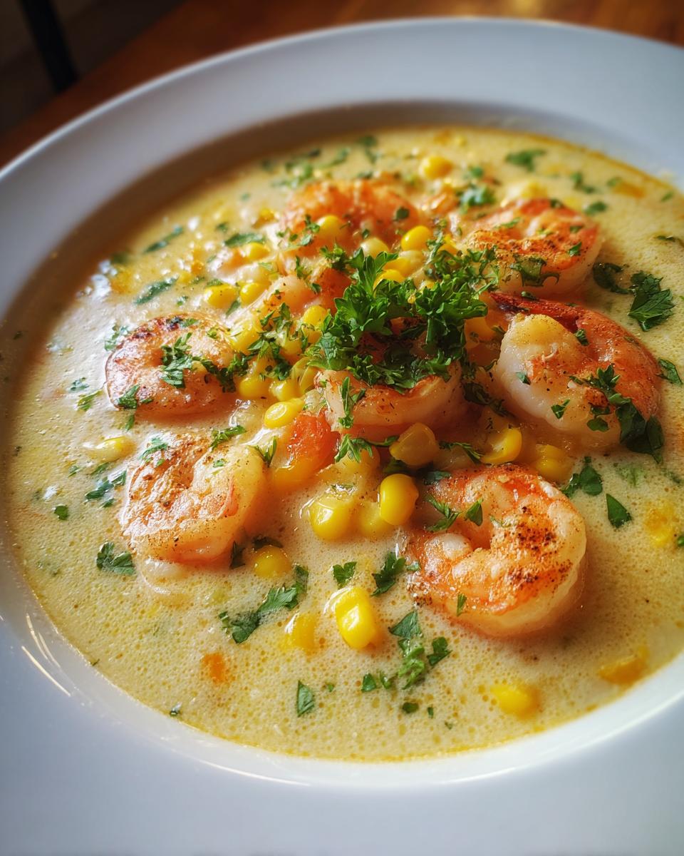 A bowl of creamy Orleans Shrimp and Corn Bisque, garnished with parsley and plump shrimp.