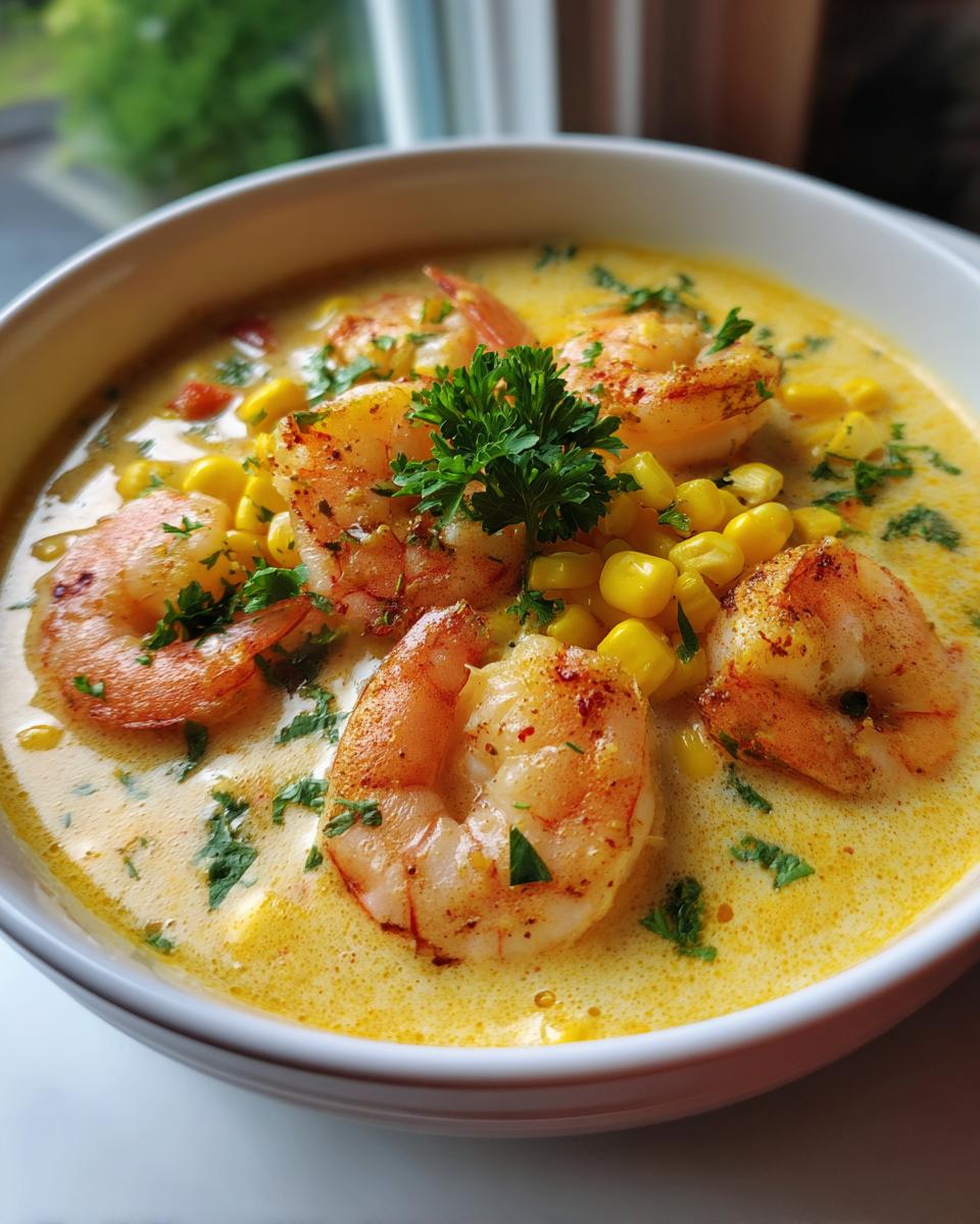 A bowl of creamy Orleans Shrimp and Corn Bisque, garnished with parsley and plump shrimp.