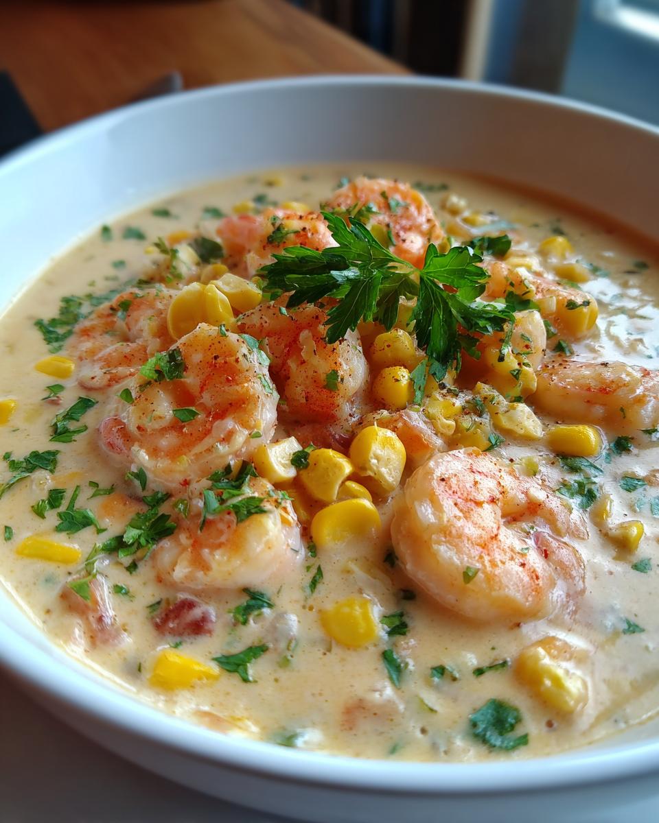 A bowl of creamy Orleans Shrimp and Corn Bisque, garnished with fresh parsley and spices.