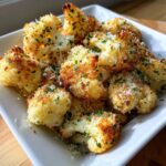 A plate of golden-brown Parmesan Cauliflower Bites, sprinkled with parmesan and herbs.