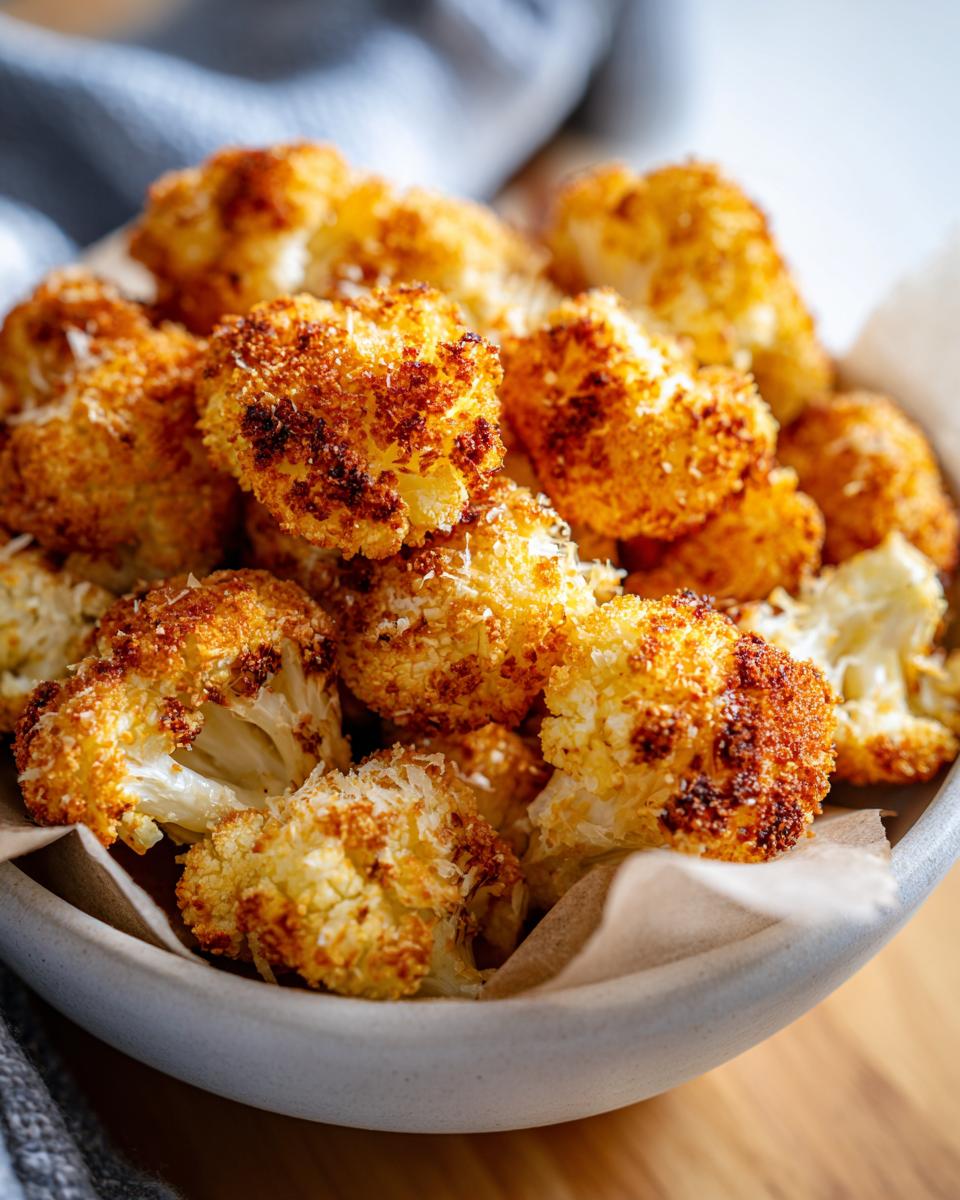 A bowl full of golden brown Parmesan Cauliflower Bites, ready to eat.