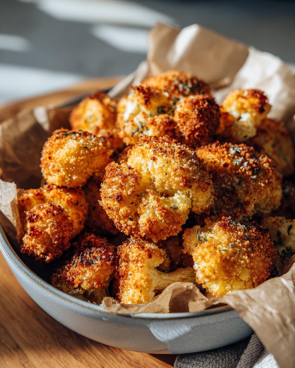 Bowl of golden brown Parmesan Cauliflower Bites, garnished with herbs and served on parchment paper.