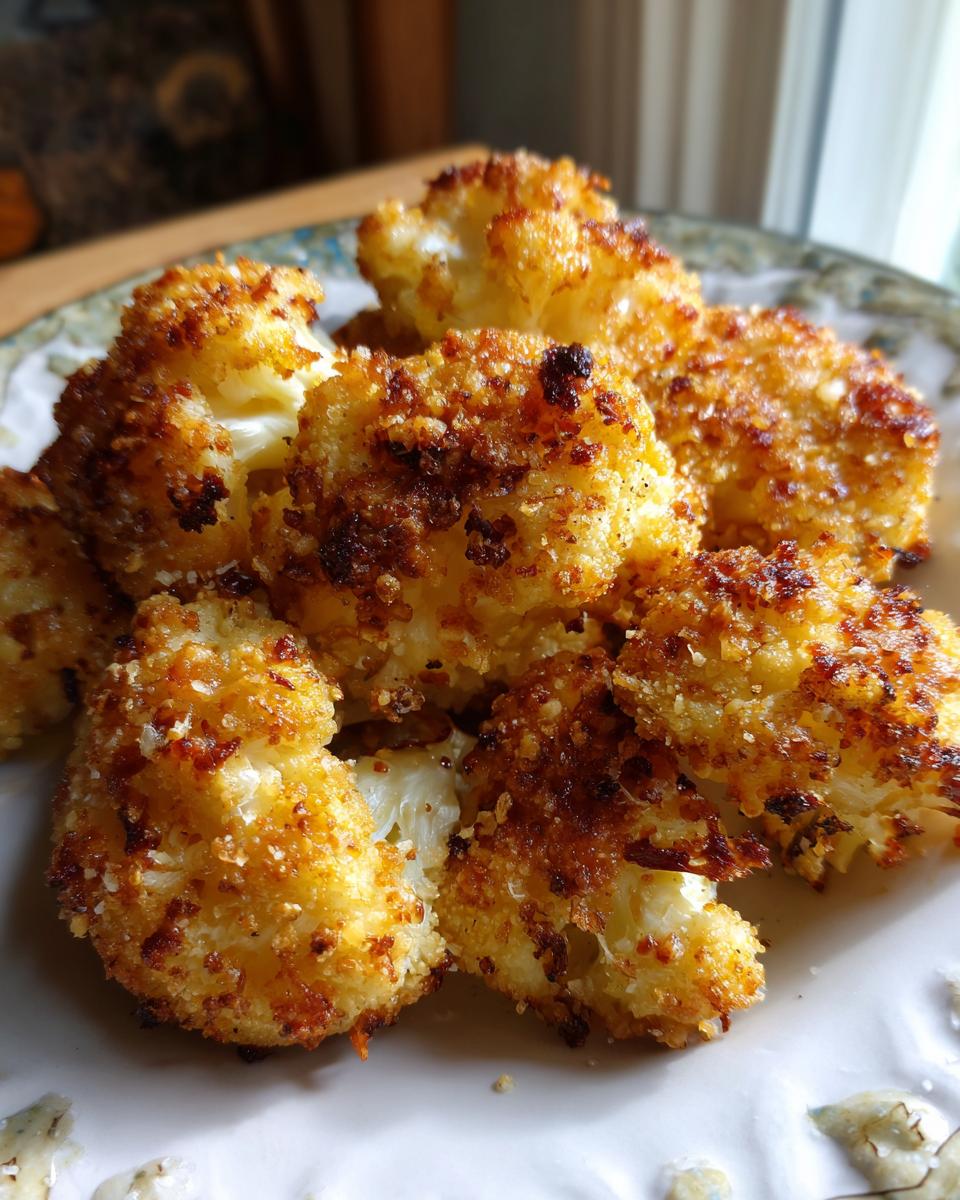 A plate of golden brown Parmesan Cauliflower Bites, crispy and ready to eat.