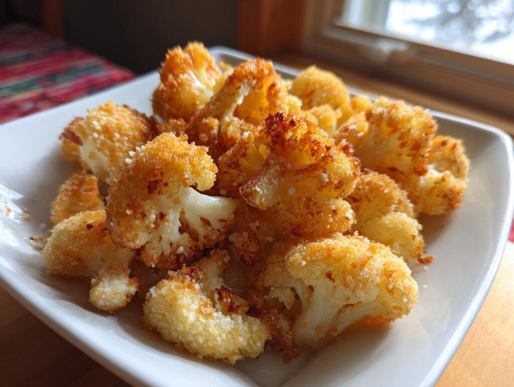 Golden Parmesan Cauliflower Bites served on a white plate, ready to eat. Crispy and delicious!