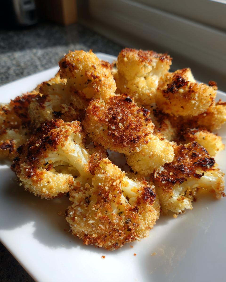 A plate of golden brown Parmesan Cauliflower Bites, crispy and ready to eat.