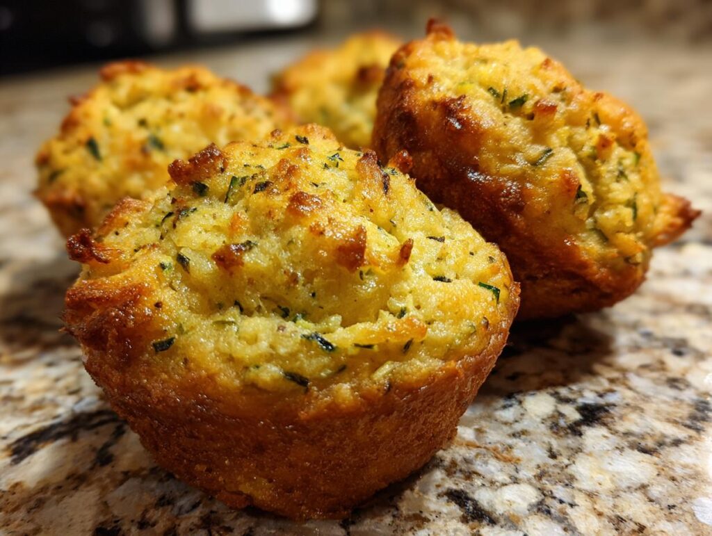 Close-up of golden brown Parmesan Zucchini Muffins on a marble countertop, showcasing their texture and ingredients.